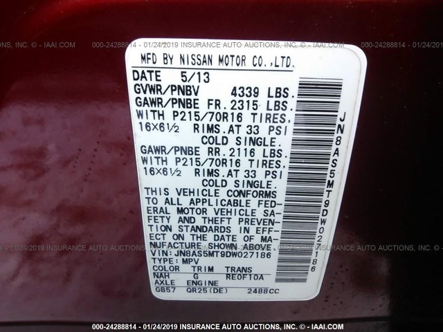 JN8AS5MT9DW027186 - 2013 NISSAN ROGUE S/SV RED photo 9