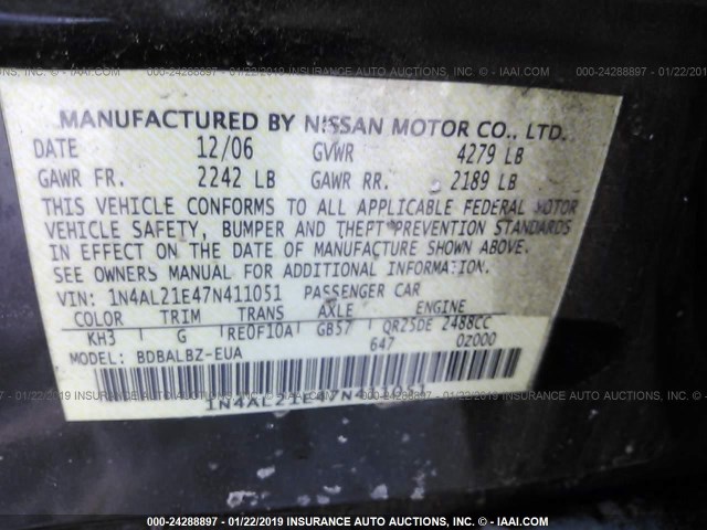 1N4AL21E47N411051 - 2007 NISSAN ALTIMA 2.5/2.5S BLACK photo 9