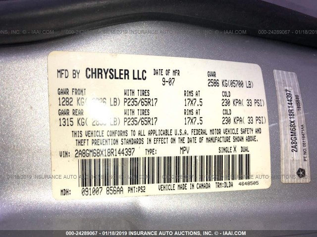 2A8GM68X18R144397 - 2008 CHRYSLER PACIFICA TOURING SILVER photo 9