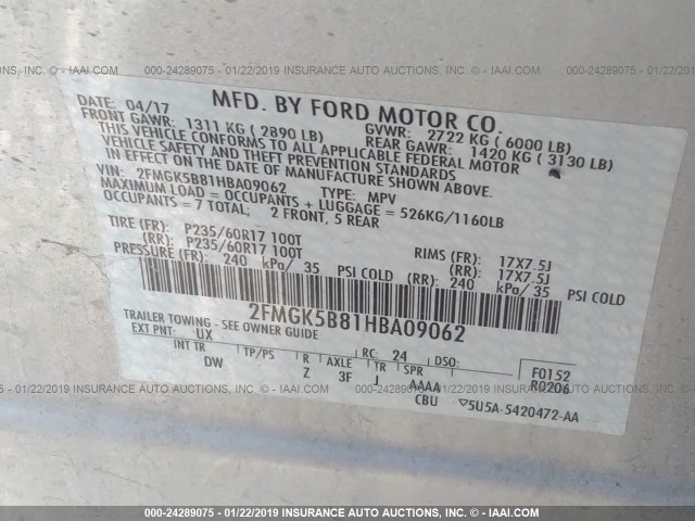 2FMGK5B81HBA09062 - 2017 FORD FLEX SE SILVER photo 9