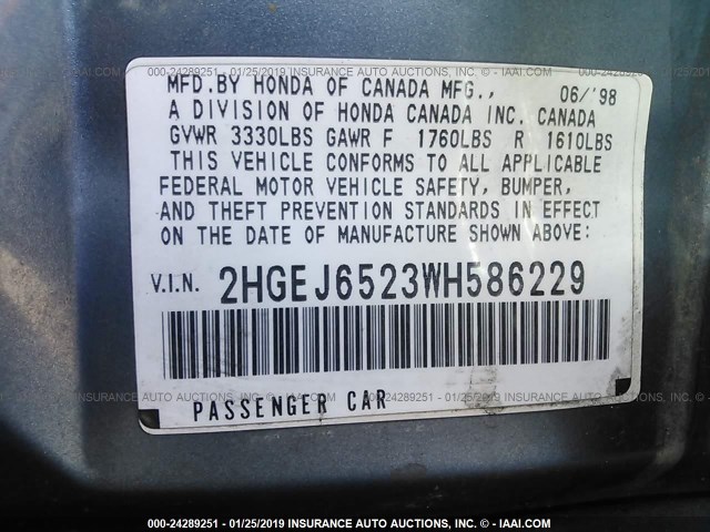 2HGEJ6523WH586229 - 1998 HONDA CIVIC DX Light Blue photo 9