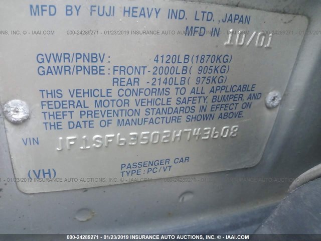 JF1SF63502H743608 - 2002 SUBARU FORESTER L SILVER photo 9