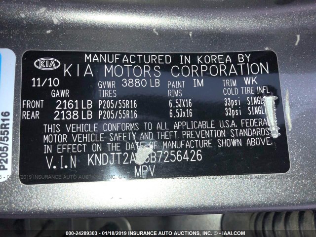 KNDJT2A25B7256426 - 2011 KIA SOUL +/!/SPORT SILVER photo 9