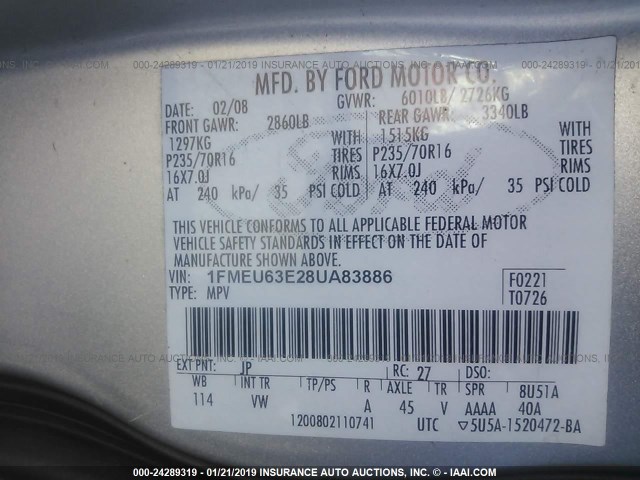 1FMEU63E28UA83886 - 2008 FORD EXPLORER XLT SILVER photo 9