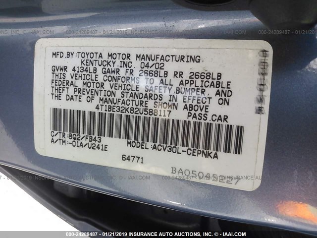 4T1BE32K82U588117 - 2002 TOYOTA CAMRY LE/XLE/SE BLUE photo 9