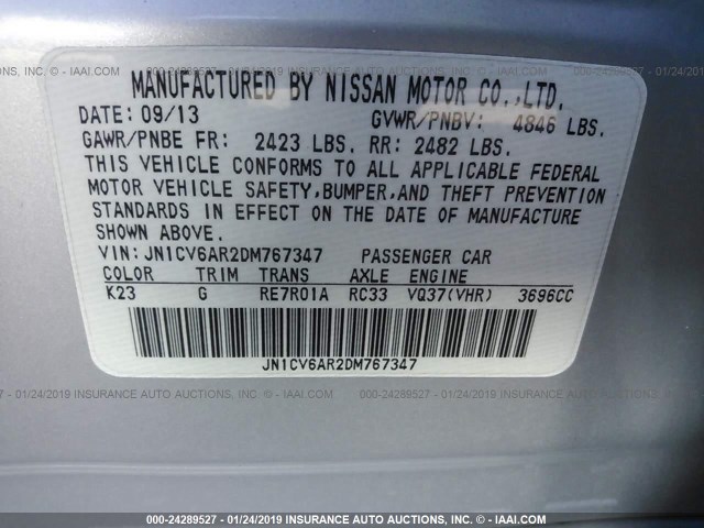 JN1CV6AR2DM767347 - 2013 INFINITI G37 SILVER photo 9