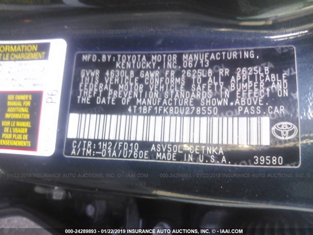 4T1BF1FK8DU278550 - 2013 TOYOTA CAMRY L/SE/LE/XLE 蓝色 照片 9