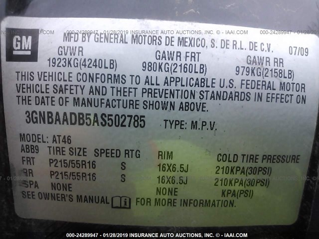 3GNBAADB5AS502785 - 2010 CHEVROLET HHR LS 黑色 照片 9