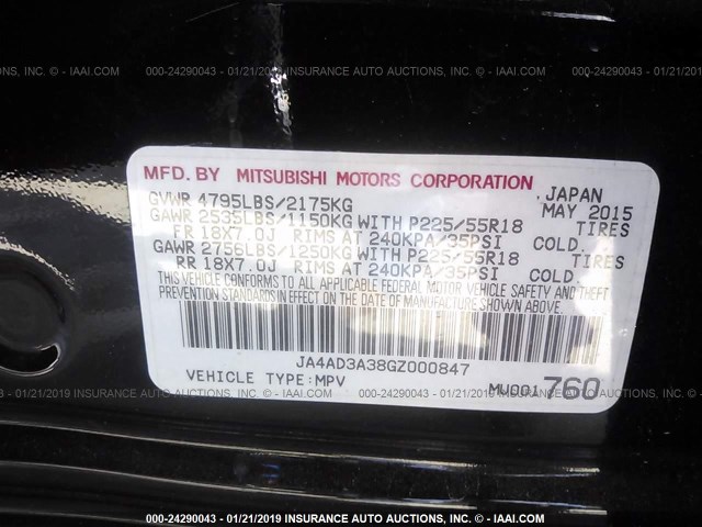 JA4AD3A38GZ000847 - 2016 MITSUBISHI OUTLANDER SE/SEL BLACK photo 9