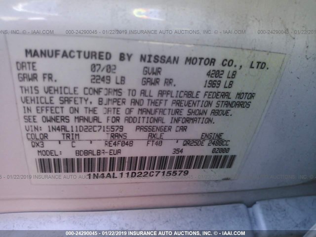 1N4AL11D22C715579 - 2002 NISSAN ALTIMA S/SL WHITE photo 9