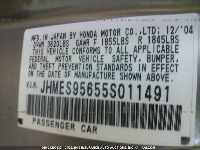 JHMES95655S011491 - 2005 HONDA CIVIC HYBRID GRAY photo 9