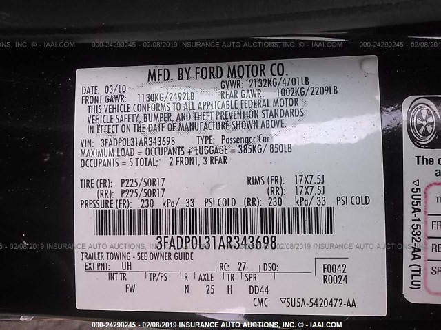 3FADP0L31AR343698 - 2010 FORD FUSION HYBRID BLACK photo 9