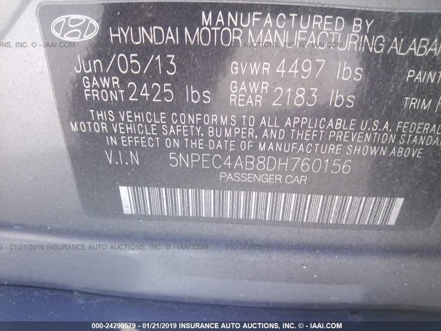 5NPEC4AB8DH760156 - 2013 HYUNDAI SONATA SE/LIMITED GRAY photo 9