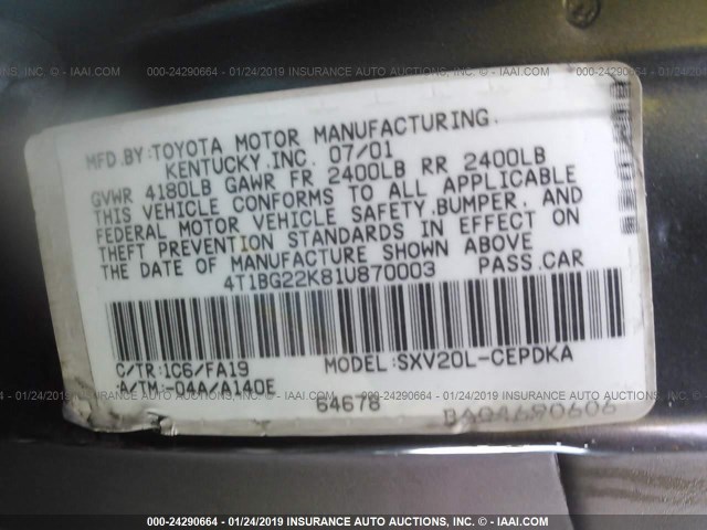 4T1BG22K81U870003 - 2001 TOYOTA CAMRY CE/LE/XLE GRAY photo 9