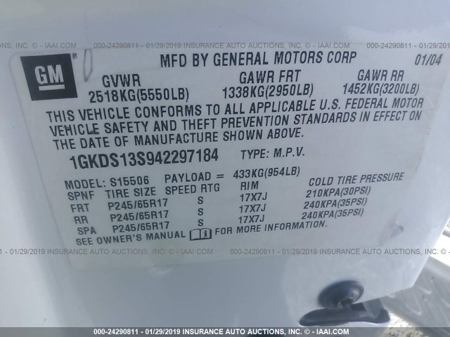 1GKDS13S942101454 - 2004 GMC ENVOY WHITE photo 9