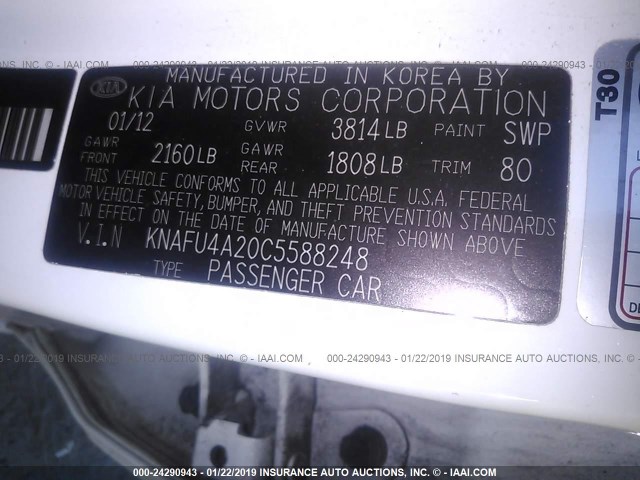 KNAFU4A20C5588248 - 2012 KIA FORTE EX WHITE photo 9