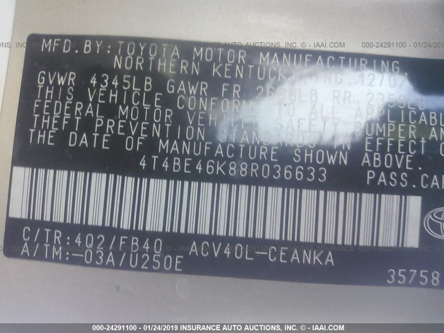 4T4BE46K88R036633 - 2008 TOYOTA CAMRY CE/LE/XLE/SE GOLD photo 9