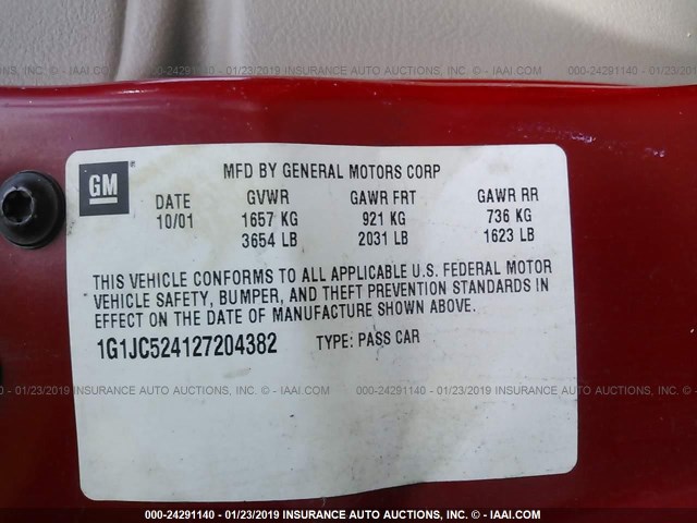 1G1JC524127204382 - 2002 CHEVROLET CAVALIER CNG RED photo 9