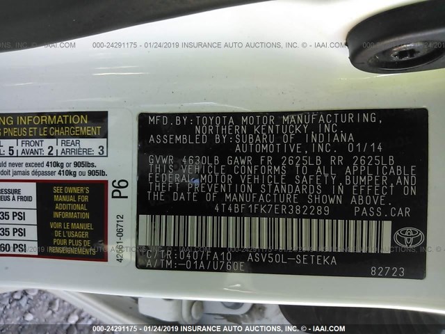 4T4BF1FK7ER382289 - 2014 TOYOTA CAMRY L/SE/LE/XLE 白色 照片 9