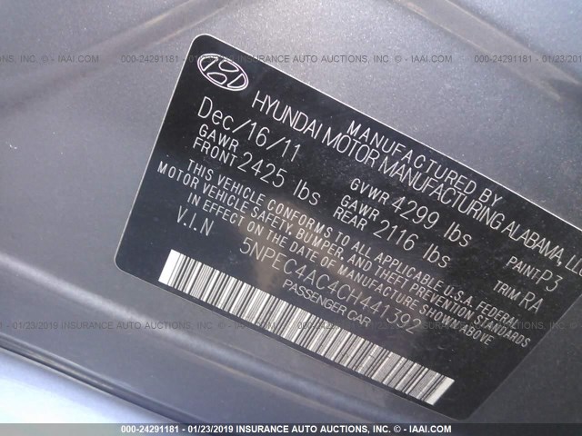 5NPEC4AC4CH441392 - 2012 HYUNDAI SONATA SE/LIMITED GRAY photo 9