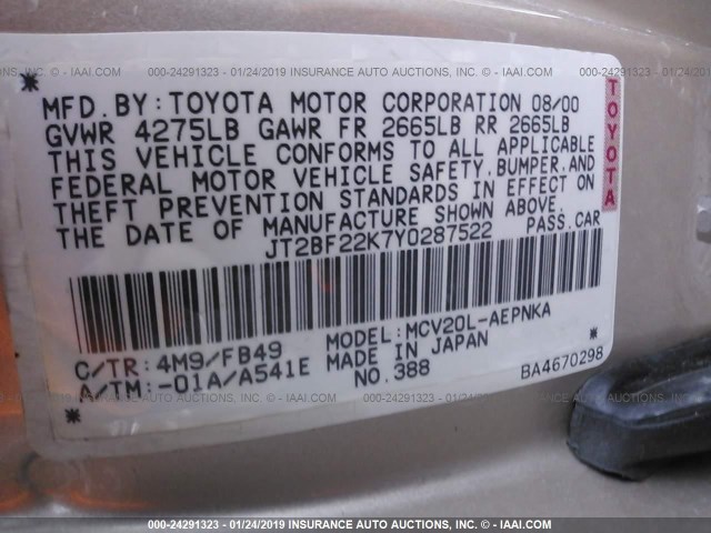 JT2BF22K7Y0287522 - 2000 TOYOTA CAMRY CE/LE/XLE GOLD photo 9