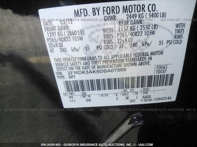 2FMDK3AK5DBA07569 - 2013 FORD EDGE SPORT BLACK photo 9