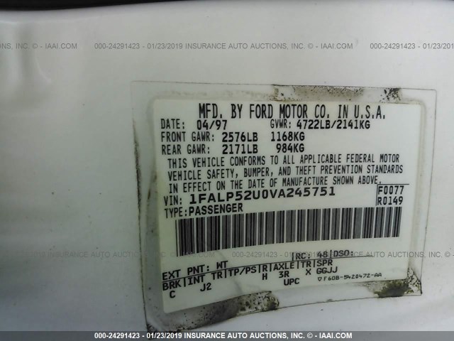 1FALP52U0VA245751 - 1997 FORD TAURUS GL WHITE photo 9