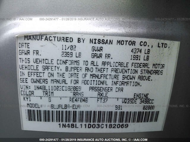 1N4BL11D03C182069 - 2003 NISSAN ALTIMA SE SILVER photo 9