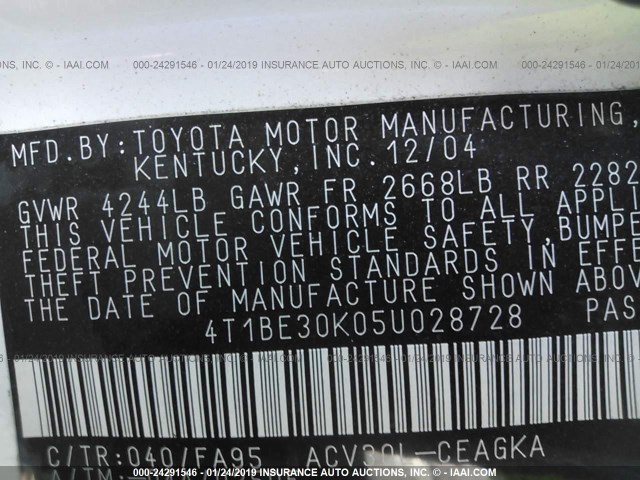 4T1BE30K05U028728 - 2005 TOYOTA CAMRY LE/XLE/SE WHITE photo 9