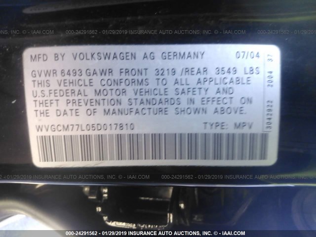 WVGCM77L05D017810 - 2005 VOLKSWAGEN TOUAREG 4.2 BLACK photo 9