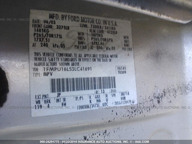 1FMPU16L53LC41691 - 2003 FORD EXPEDITION XLT SILVER photo 9