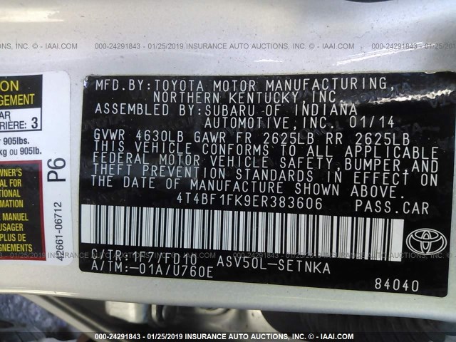 4T4BF1FK9ER383606 - 2014 TOYOTA CAMRY L/SE/LE/XLE 银色 照片 9