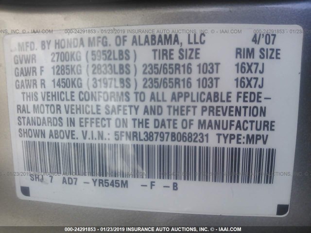 5FNRL38797B068231 - 2007 HONDA ODYSSEY EXL GOLD photo 9