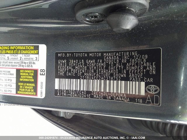 2T1BU4EE2AC318752 - 2010 TOYOTA COROLLA S/LE/XLE GRAY photo 9