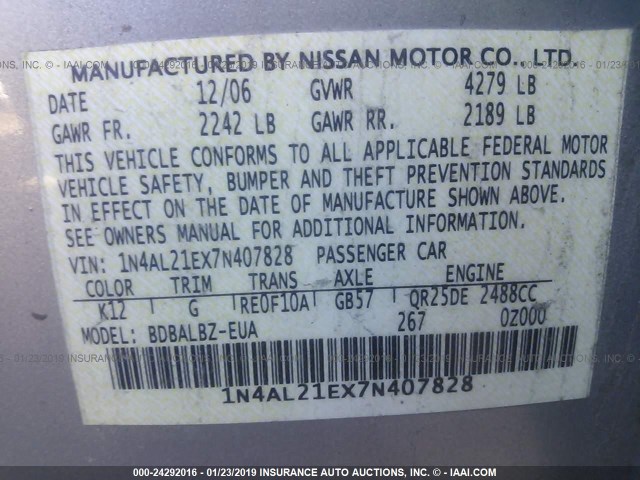 1N4AL21EX7N407828 - 2007 NISSAN ALTIMA 2.5/2.5S SILVER photo 9