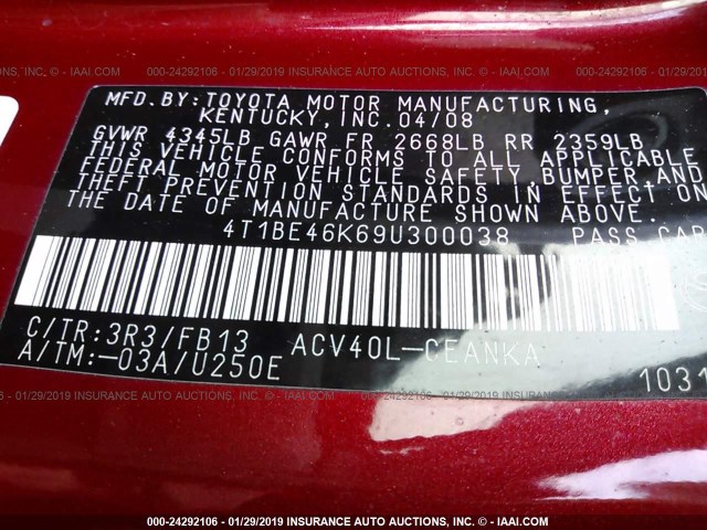 4T1BE46K69U300038 - 2009 TOYOTA CAMRY SE/LE/XLE RED photo 9