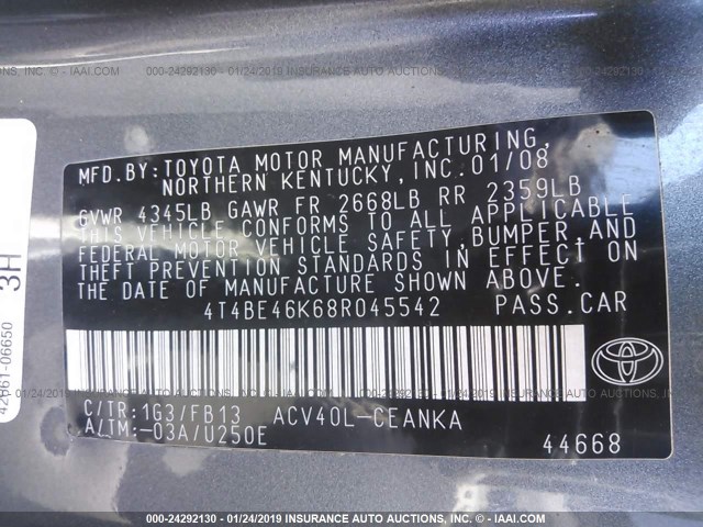 4T4BE46K68R045542 - 2008 TOYOTA CAMRY CE/LE/XLE/SE GRAY photo 9