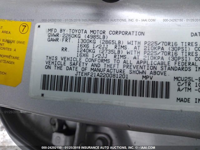 JTEHF21A220081201 - 2002 TOYOTA HIGHLANDER LIMITED SILVER photo 9