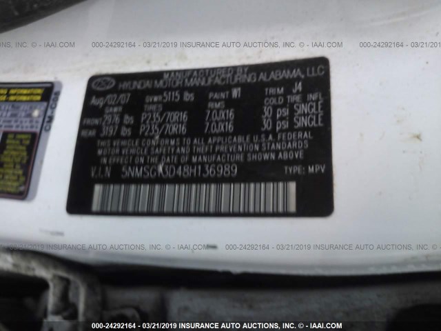 5NMSG13D48H136989 - 2008 HYUNDAI SANTA FE GLS WHITE photo 9