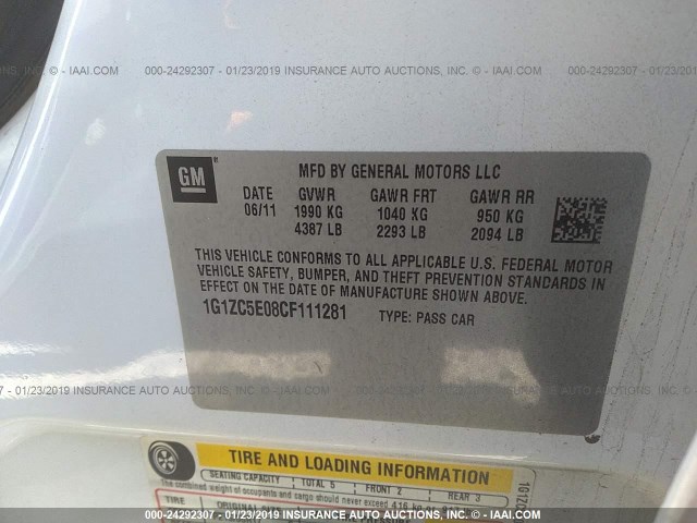 1G1ZC5E08CF111281 - 2012 CHEVROLET MALIBU 1LT თეთრი ფოტო 9