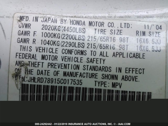 JHLRD78915C017535 - 2005 HONDA CR-V SE/EX WHITE photo 9