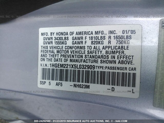 1HGEM221X5L032909 - 2005 HONDA CIVIC DX VP Gümüş foto 9