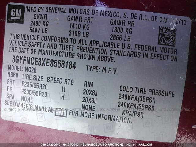 3GYFNCE3XES568184 - 2014 CADILLAC SRX PERFORMANCE COLLECTION Қызыл фото 9