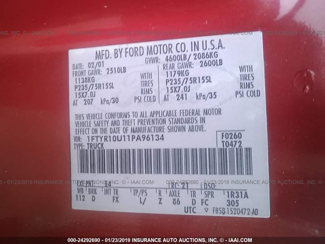 1FTYR10U11PA96134 - 2001 FORD RANGER RED photo 9