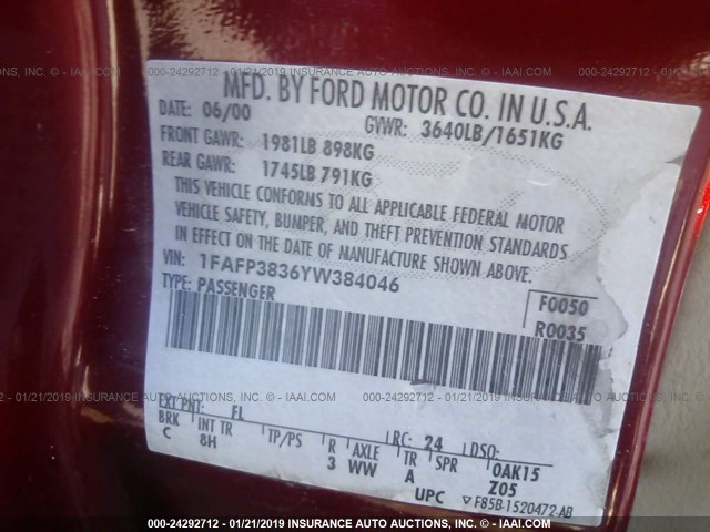 1FAFP3836YW384046 - 2000 FORD FOCUS ZTS MAROON photo 9
