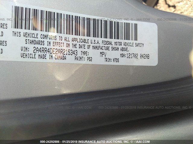 2A4RR4DE2AR215343 - 2010 CHRYSLER TOWN & COUNTRY LX SILVER photo 9