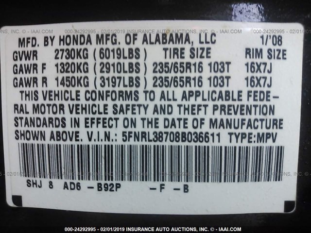 5FNRL38708B036611 - 2008 HONDA ODYSSEY EXL BLACK photo 9