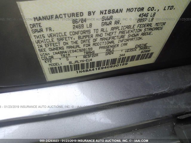 1N4BA41E94C920159 - 2004 NISSAN MAXIMA SE/SL GRAY photo 9