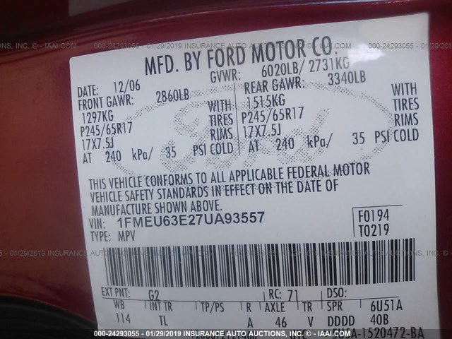 1FMEU63E27UA93557 - 2007 FORD EXPLORER XLT WHITE photo 9