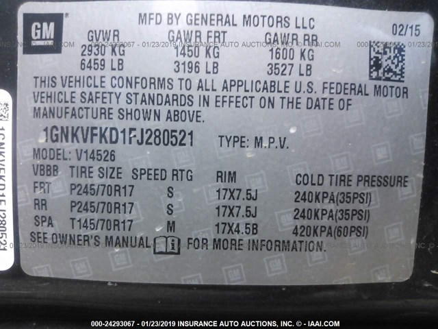 1GNKVFKD1FJ280521 - 2015 CHEVROLET TRAVERSE LS GRAY photo 9